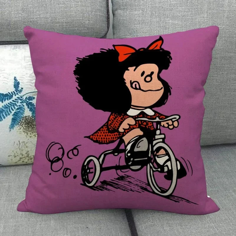No-EN-Name-Null Customized Multicolor Square Machine Washable Soft Linen-Cotton Fabric Printed Mafalda Pillowcases/ Sizes: 45X45(One Sided)/Colors-Red/Purple/Beige/White/Pink/Blue/Black/Floral/Multicolor