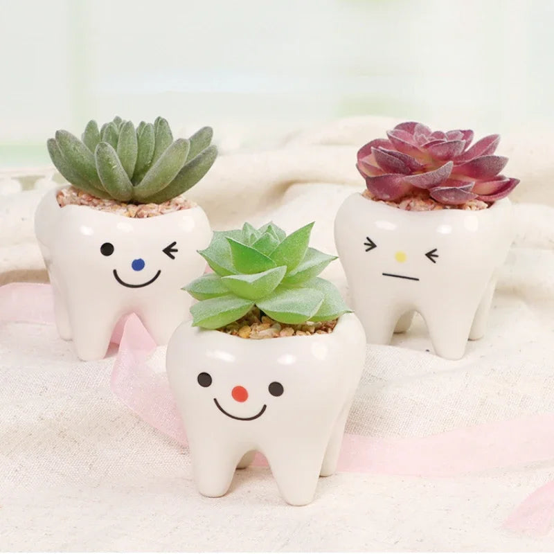 No-EN-Name-Null Home Garden Glazed Porcelain Ceramic Mini Cute White Tooth Shaped Smiling-Frowning Faces Desktop Flowerpots Planters /Colors-White/Black/Pink/Red/Multicolor