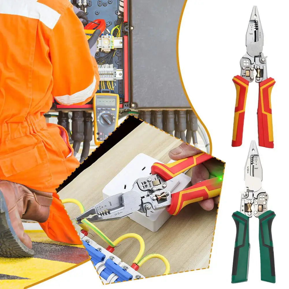 No-EN-Name-Null 9-in-1 Heavy-Duty Non-Slip Multicolor Handle Grip Enlarged Professional Petal Four-Hole Winding Built-in Electricity Current Meter Steel Metal Pliers Adjustable Jaws Sharp Wire Strippers/Colors-Red/Green/Yellow/Silver/Black/Multicolor