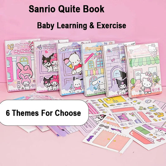 MINISO Kids Mini Sanrio Kawaii Reusable Quiet Book Six Themes Cartoon Scenes Multicolor Paper Stickers-Stickers Machines/Ages: 3-12 Years Old/Colors-Multicolor/Pink/Purple/Checkered