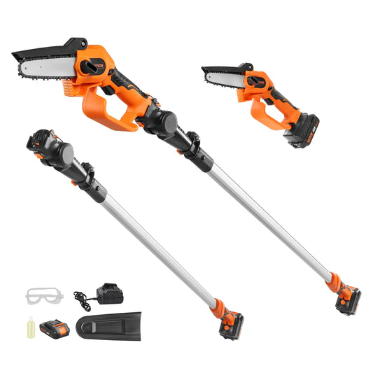 VEVOR Outdoor DC-Powered Rechargeable Battery-Powered 2-in-1 Cordless Orange-Black-Silver Pole Saw-Mini Woodcutting Chainsaw Sets/Outdoor Battery Charger/20V 2Ah Battery/Colors-Orange/Black/Silver