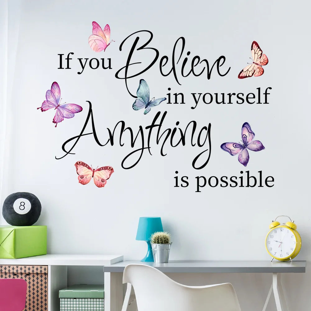 NULL Modern Multicolor Butterflies Animals Text Saying-If You Believe In Yourself-Anything Is Possible Positive Quotes Wall Art Home Decor Decals/Colors-Multicolor