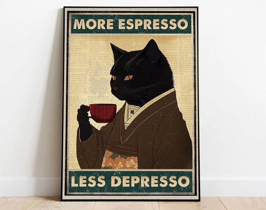 No-EN-Name-Null Funny Black Cat Wearing A Bath Robe-Saying More Expresso-Less Expresso Metal Novelty Signs /Colors-Black/Gold/White