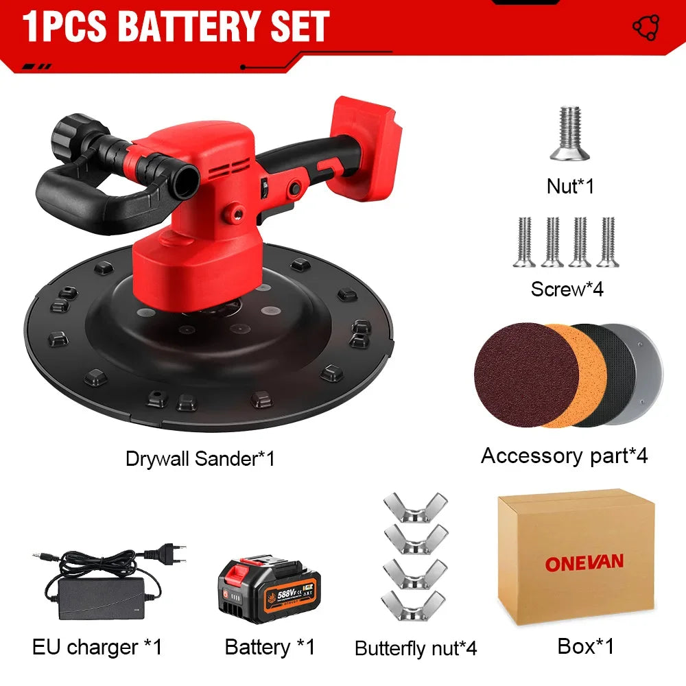 ONEVAN Indoor Black-Red Body Adjustable Speed Brushless Battery-Powered Electric Round Steel Plate Dry Wall Sanders/Batteries Included