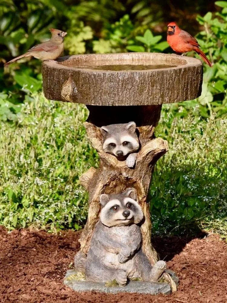 No-EN-Name-Null Home Garden Free-Standing Tree Trunk Resin Two Cardinals-Two Raccoons Animal Birdbaths/Color-Black/Gray/Animals