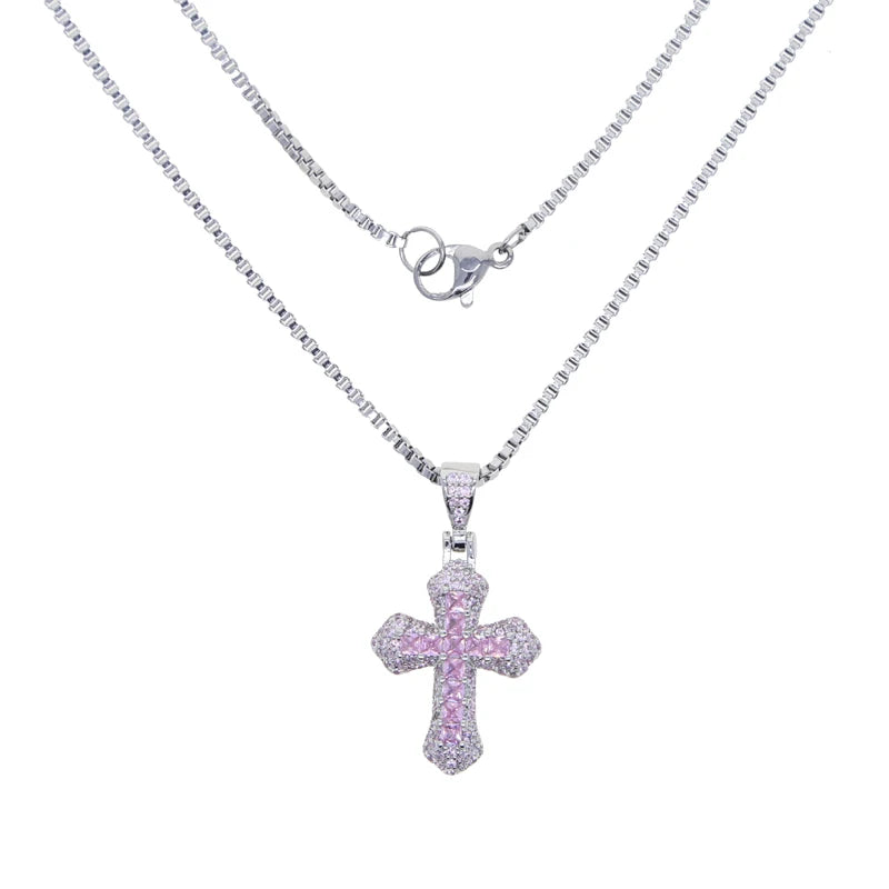 ATJMLADY Unisex Fine Imitation Silver-Plated Stainless Steel-Copper Metal Shiny Clear White-Multicolor Small Cross Pendant Box Link Chain Necklaces/Colors-Pink/Purple-Black/Multicolor/Sliver/Blue