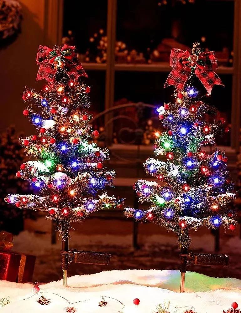 2 PCS Outdoor Solar-Powered Plastic-Polyester Body Decorative Red-Green Floral Christmas Trees Shaped Warm White LED Waterproof Pathway Holiday Ornaments Lights/Colors-Green/Red/Floral/Multicolor/Bulbs Included