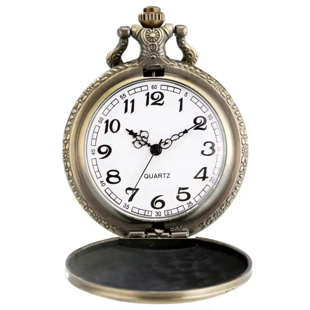 No-EN-Name-Null Adults Men Antique Quartz Analog Display Glass Face Round Shaped Metal Alloy Case Bronze Engraved 18 Wheeler Trucker Steampunk Bronze Chain-Pocket Watches