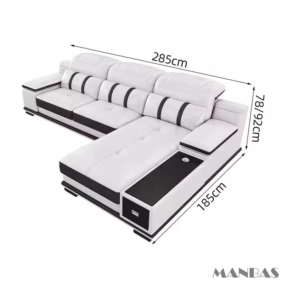 MANBAS Modern Adjustable Headrest L-Shaped White-Black Trim Italian Soft Genuine Leather Cushion Corner Couches/ Bluetooth Speaker/ USB Port/Cup Holder