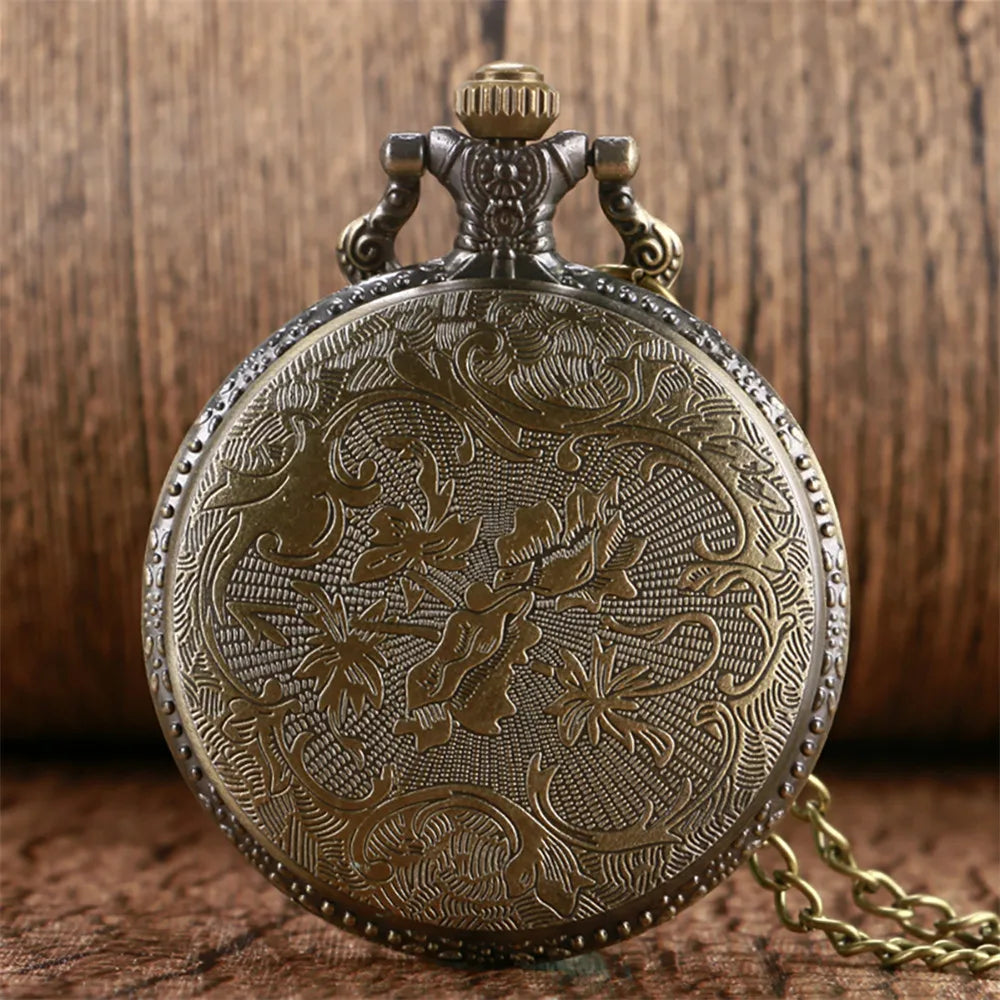 WECIN Adults Vintage Analog Display Glass Face Round Shaped Arabic Numeral Universal Time Bronze Embossed Roaring Lion Head Floral Design On Back Bronze Chain-Pocket Watches