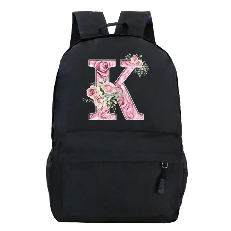 No-EN-Name-Null Waterproof Large Black Softback Nylon Fabric Printed Floral Pink Rose First Name Initial Letter Curved Back Zipper Canvas Lining Built-In Laptop Compartment Shoulder Straps-Handle Zippered External Pockets School Backpacks