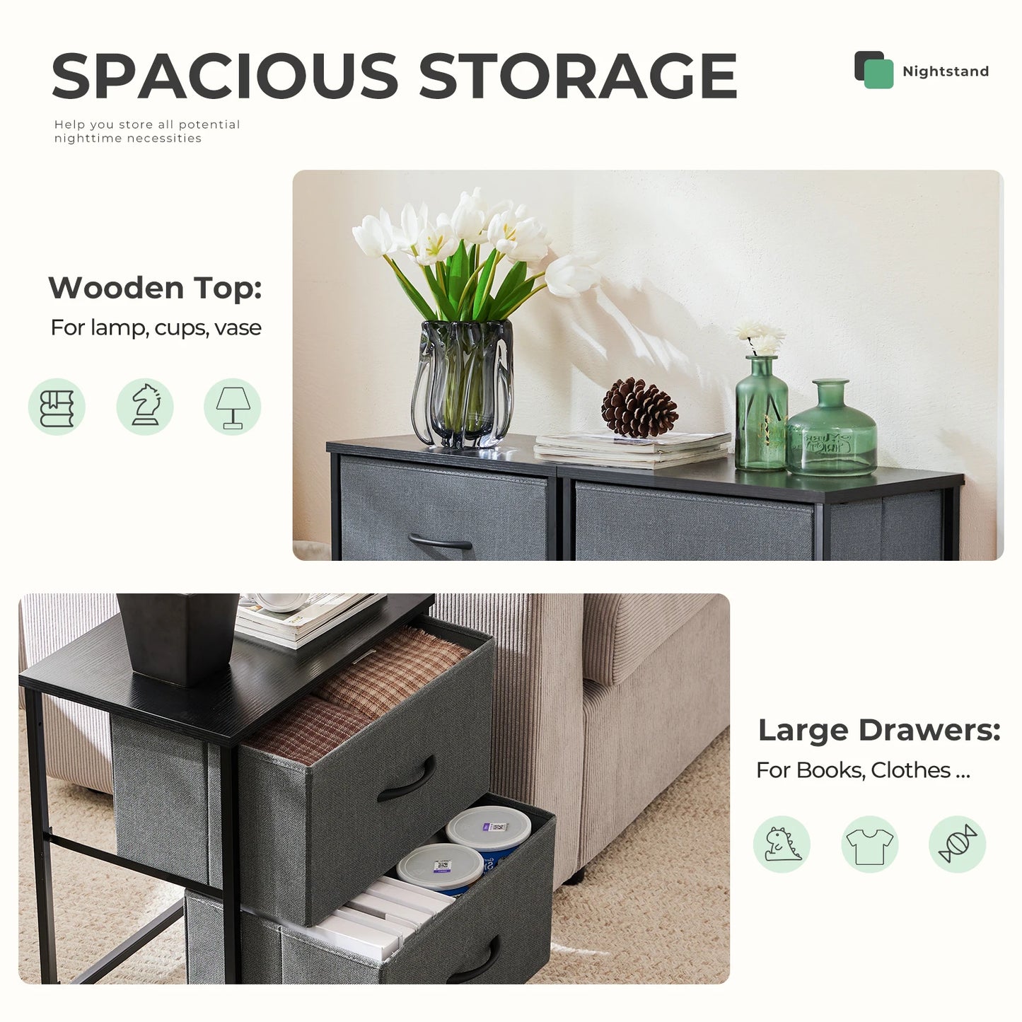 JHK Modern Waterproof Black Rectangle Shaped Wood Tabletop Two Removable Fabric Drawers Thick Black Steel Frame Nightstands/Colors-White/Black/Gray/Brown