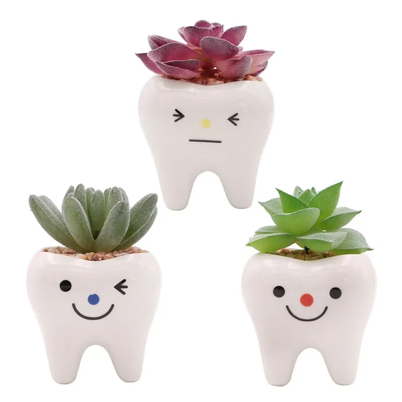 No-EN-Name-Null Home Garden Glazed Porcelain Ceramic Mini Cute White Tooth Shaped Smiling-Frowning Faces Desktop Flowerpots Planters /Colors-White/Black/Pink/Red/Multicolor