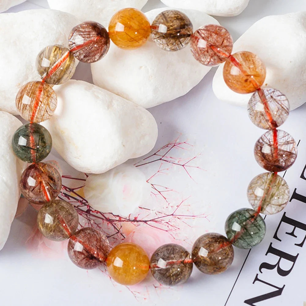 Adults Imitation Natural Crystal Colorful Rutilated Quartz Round Beaded Couple Bracelets/Colors-Multicolor/Black