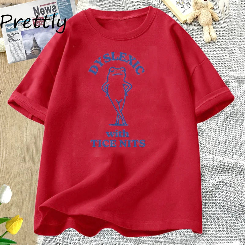 PRETTLY Women Round Neck Saying Dyslexic Tice Nits Funny Cartoon Dyslexia Bear Soft Stretchable Short Sleeve Cotton T-Shirts/Sizes S-3XL In Asian Size/Colors-Beige/Black/Gray/Green/Blue/Yellow/Pink/Red/Multicolor