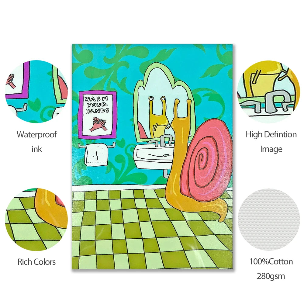 No-EN-Name-Null Modern Rectangle Unframed Canvas Cute Cartoon Funny Abstract Wash Your Hands Cute Snail Illustration Bathroom Wall Art Prints/Colors-White/Blue/Animal/Many SizesModern