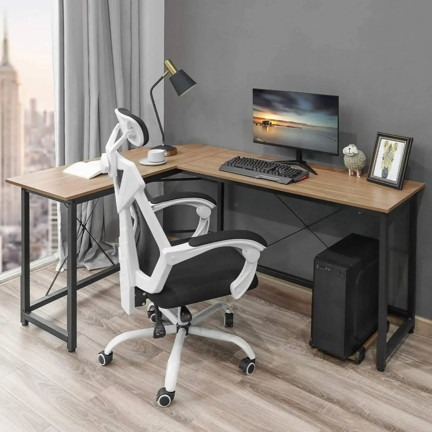 NULL Modern L-Shaped Corner Sturdy X Crossbar Design Brown Solid Wood Top Black Steel Metal Frame Gaming Laptop Computer Desks / Size: 190cm x 120cm x 75cm/Colors-Brown Tiger Wood Color/Black Wood Color/Assembly Required/Shelves/Storage Options