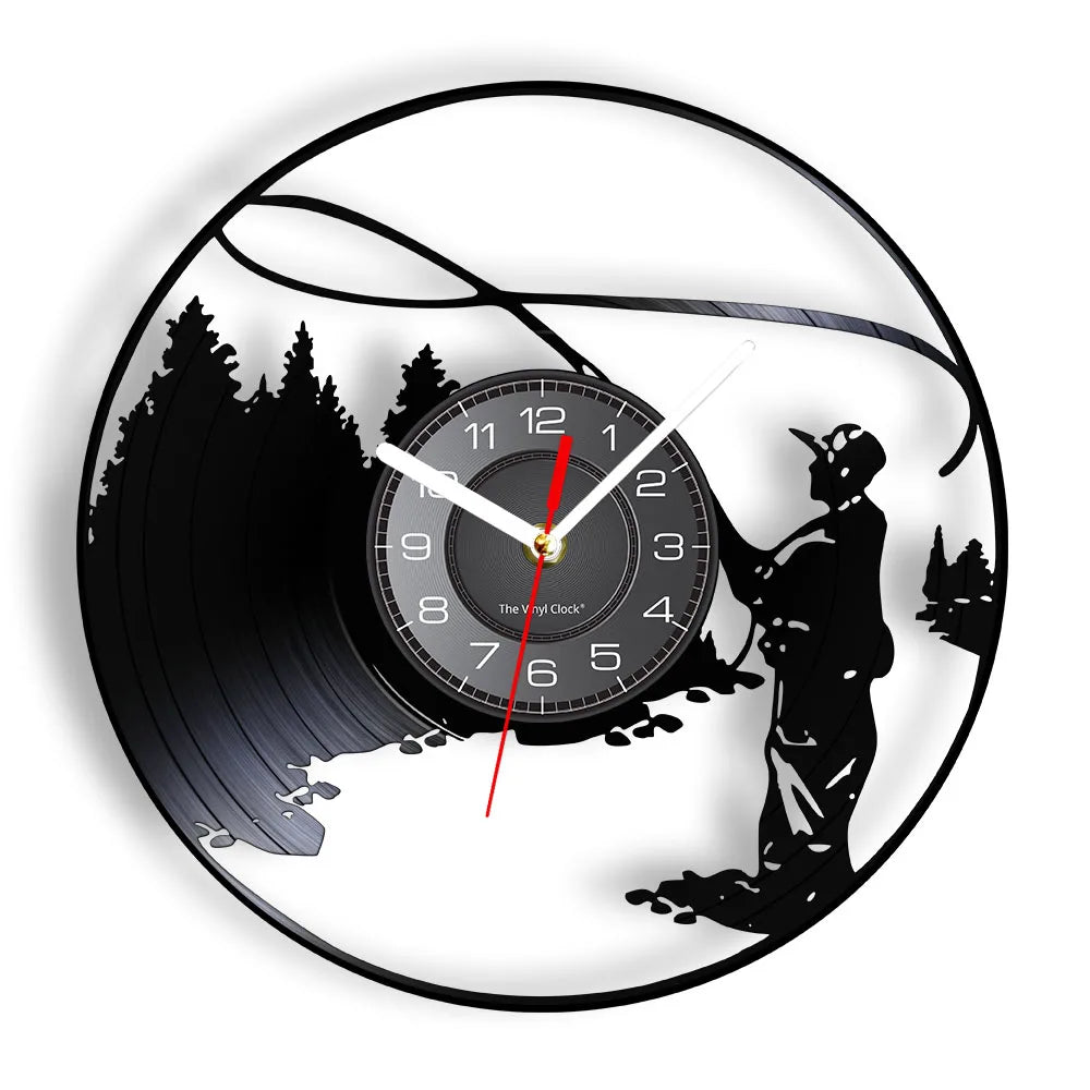 Retro Handmade Plastic Vinyl Record Gone Fishing Silhouette Of Fisherman Catching A Fish With Rod-N-Reel Wall Clocks/Battery Not Included/ 1 AA Battery Size/With-Without LED Light/Colors-Black/Geometric