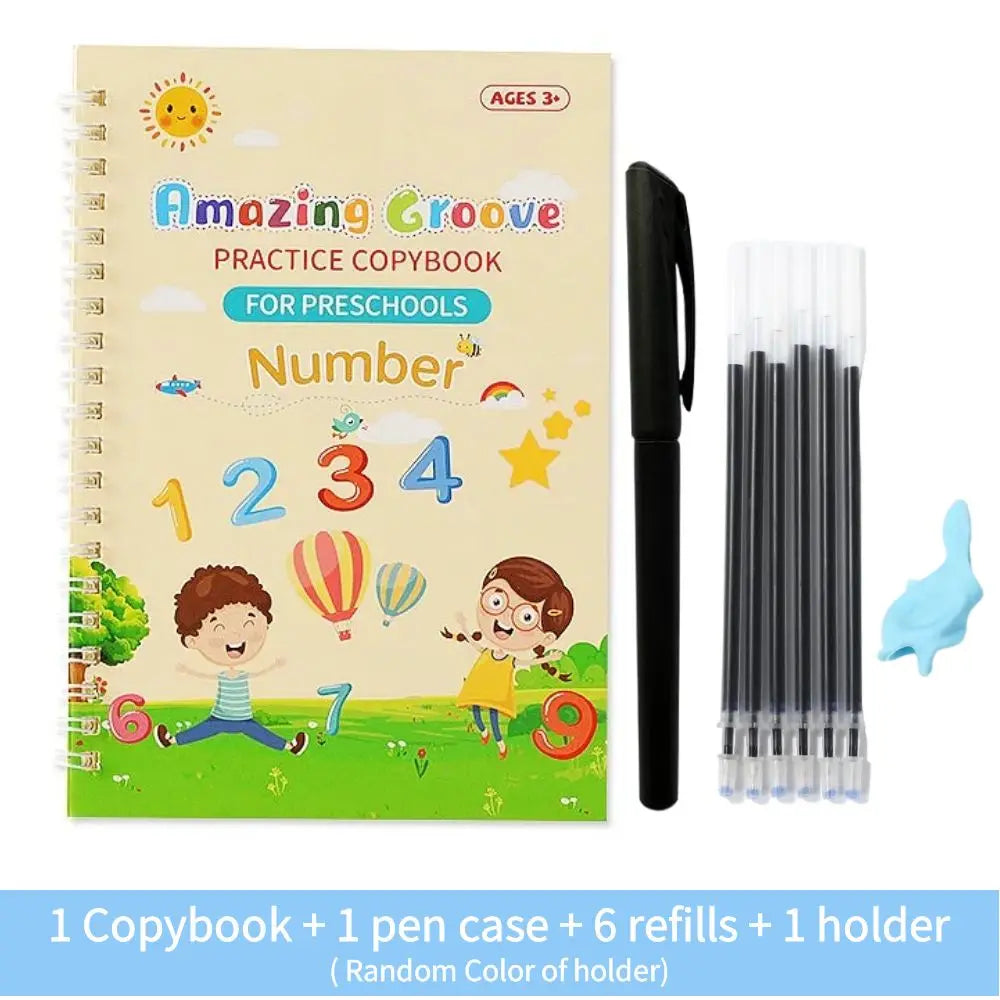 No-EN-Name-Null 4 PCS Parent-Kids Interacting Reading Amazing Groove Practice Copybook English Plastic-Cardboard Paper Copybooks Reusable Reading Toys /1 Pen Case/6 Refills/1 Holder/1 Free Pen Grip/Free Pens/Ages: 1-18 Years Old