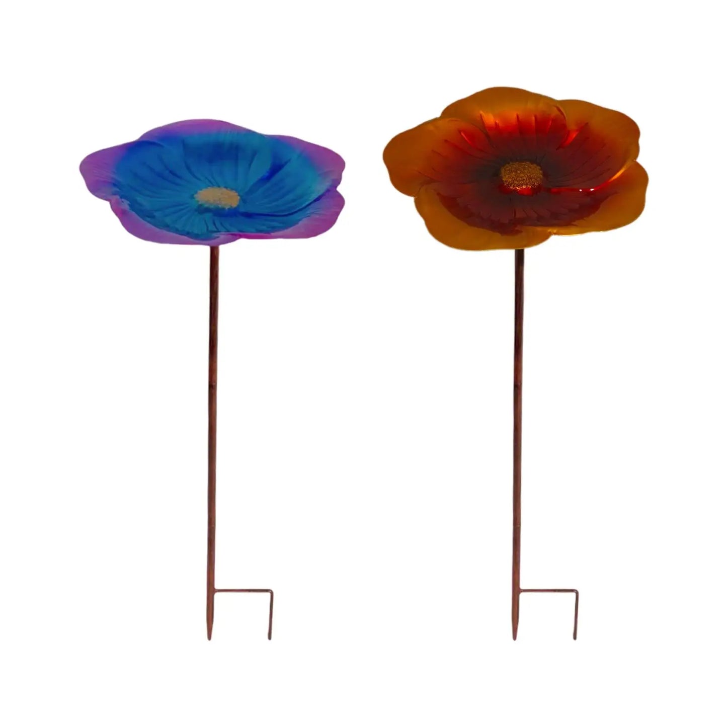 KESOTO Outdoor Garden Free-Standing Floral Pattern Purple-Blue-Gold-Brown Flower Shaped Bird Bath Bowl Black Iron Metal Stake Base Bird Baths