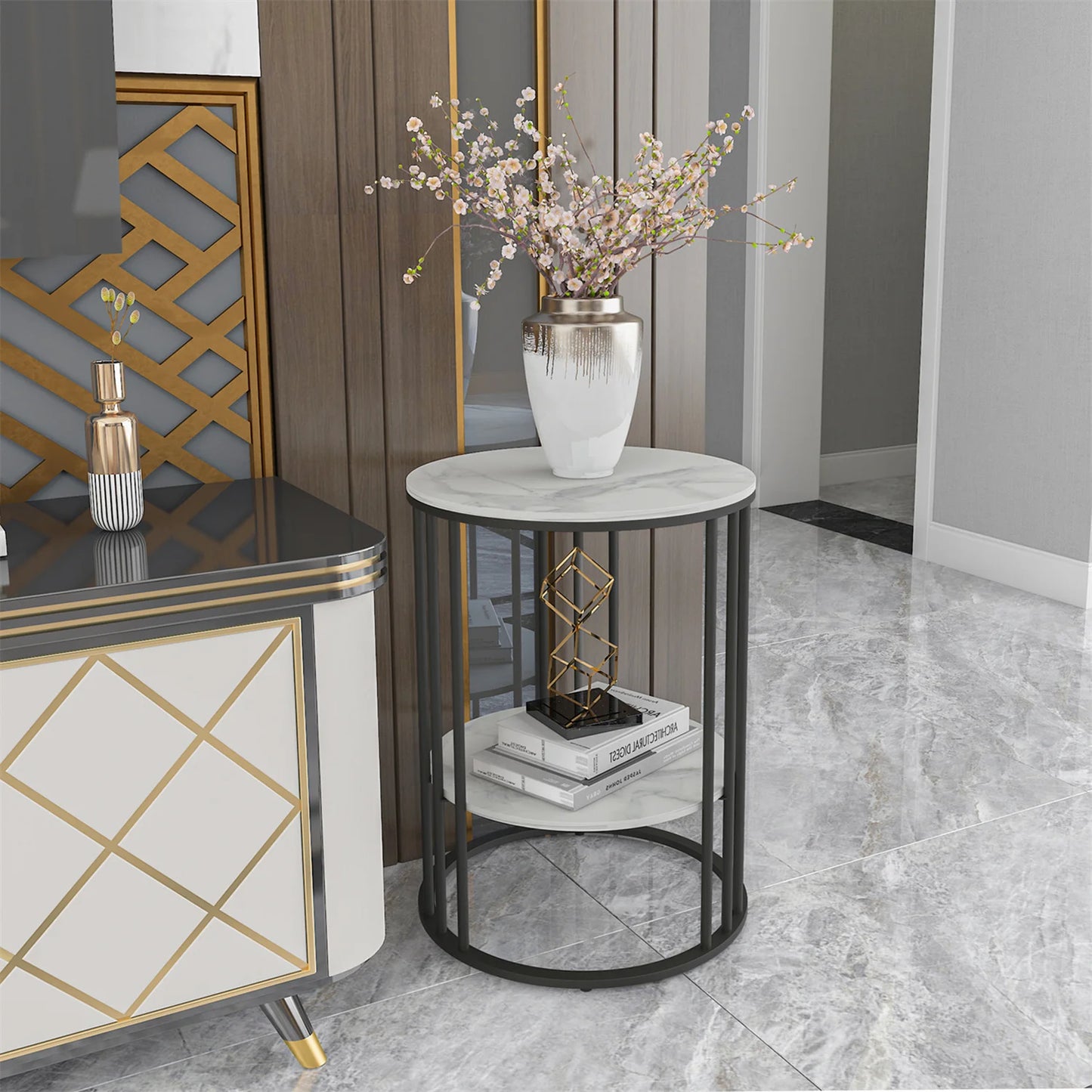 WISFOR Modern Two-Tiers Morocco White Round Shaped Marble Tops-Black Metal Frame Side End Tables