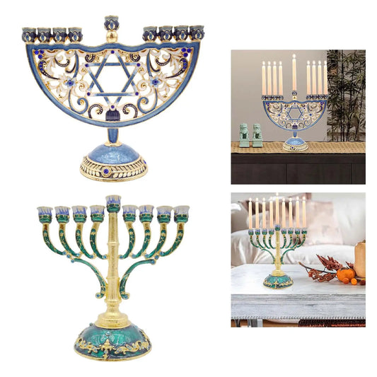 No-EN-Name-Null Antique Hand-Painted Bejeweled Menorah Jewish Nine Floral Branch Enameled Metal Candelabras/Colors-Green/Blue/Floral