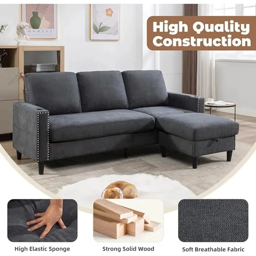 No-EN-Name-Null  Modern Cozy Medium Firm Nail-Head Trim Super-Soft Gray Velvet Fabric Cushions Right Face Two Cup Holders Side Storage Pockets Removable Ottoman L-Shaped Small Sectional Sofas