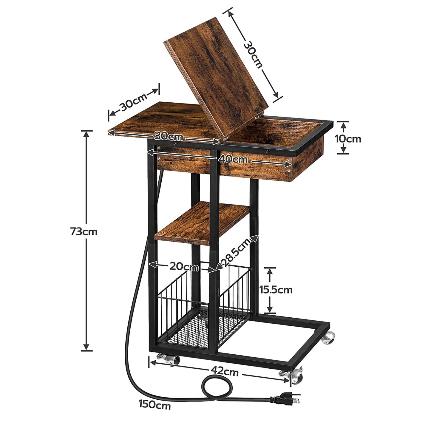 HOOBRO Rectangle Shaped Rustic Brown Wood Clamshell Tabletop Black Metal Flip C Shape Base End Tables/ 2-USB Ports Charging Station/ 4-Wheels-2-Shelves/2-AC Outlets