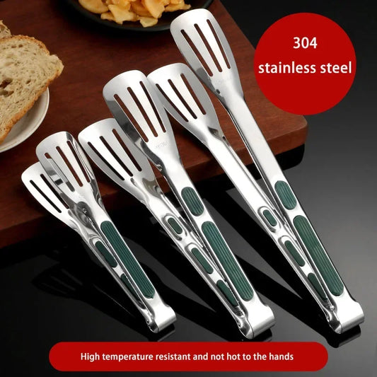 Kitchen S-M-L Sizes Non-Slip High Temperature Resistant Green Silicone Covered Handles Silver Stainless Steel Food Flat 3 Line Hollow Out Tongs