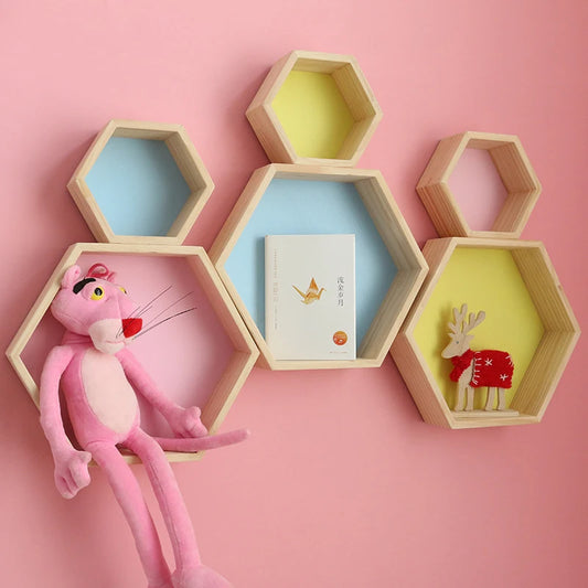 2 PCS Set Kids Wood Wall Mounted Hexagon Shaped Floating Shelves/Colors-Beige/Yellow/Pink/Green