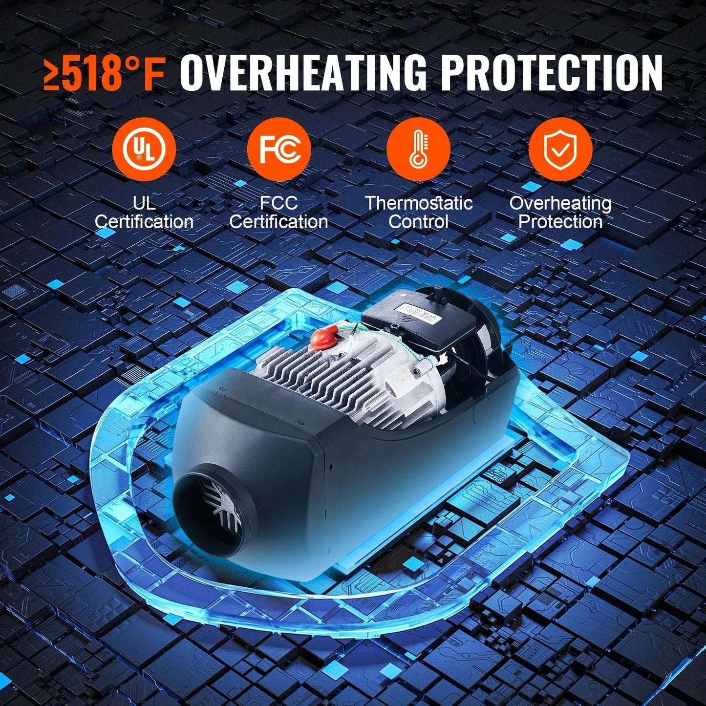 VEVOR Orange-Black Body HD LCD Display Silencer Remote Control Low-Noise DC-Powered 5KW Power Air Diesel Space Heaters