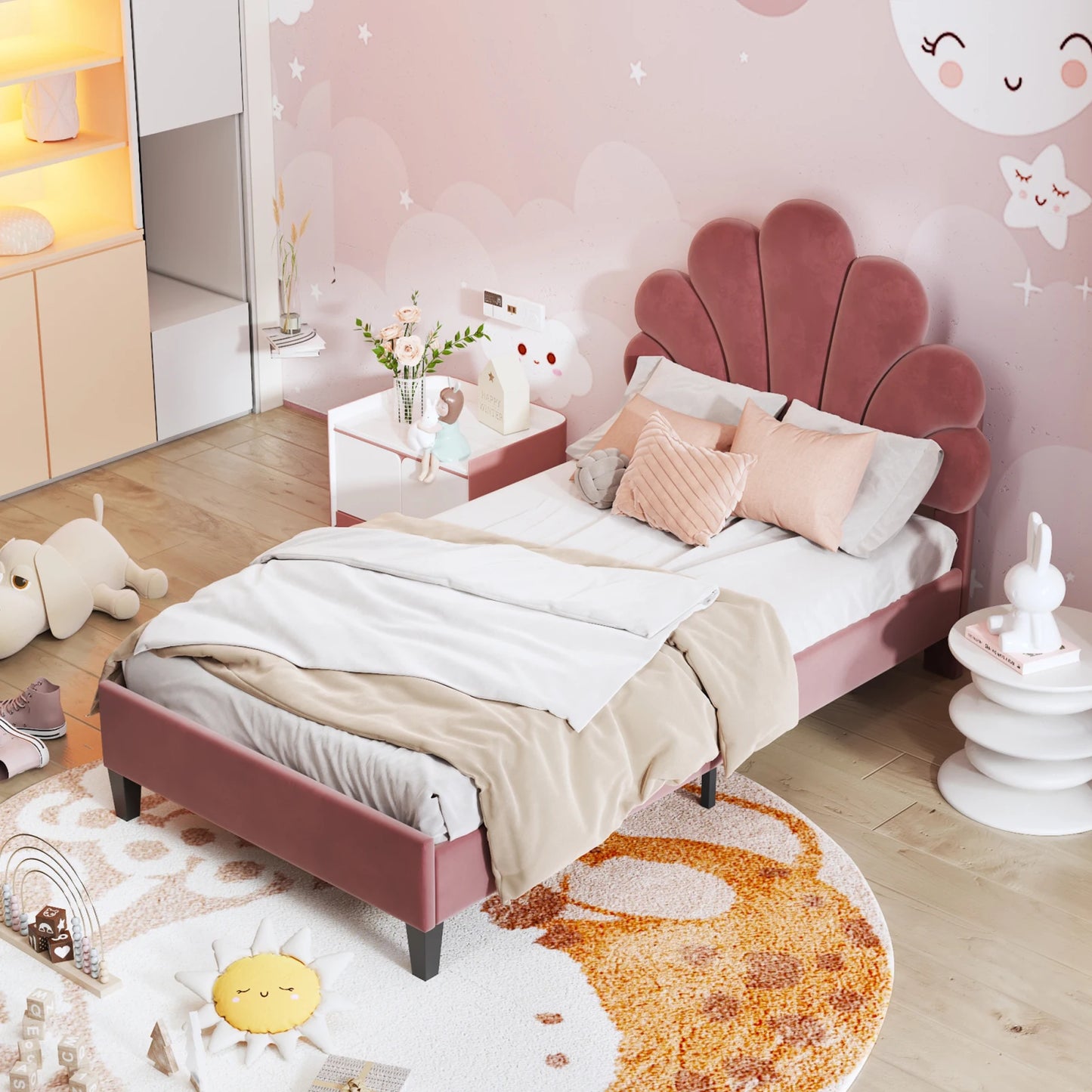 No-EN-Name-Null  Modern Upholstery Padded Flower Shaped Soft Velvet Headboard Platform Bed FRAMES / WITHOUT MATTRESS-DRAWER/ Headboard-Slats/Dimensions: 206cm L x 100cm W x 110.5cm H /Colors-Beige/Burgundy/Pink/ Load Capacity: 440.925 LBS