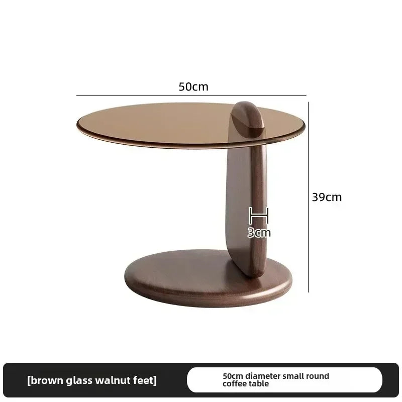 No-EN-Name-Null 2 PCS Modern Brown-Gray Thick High Tempered Glass Round Shaped Tops Solid Oak Rubberwood Three-Legged Design Coffee Table Sets/Easy To Clean/Colors-Gray Glass Tops/Brown Glass Tops