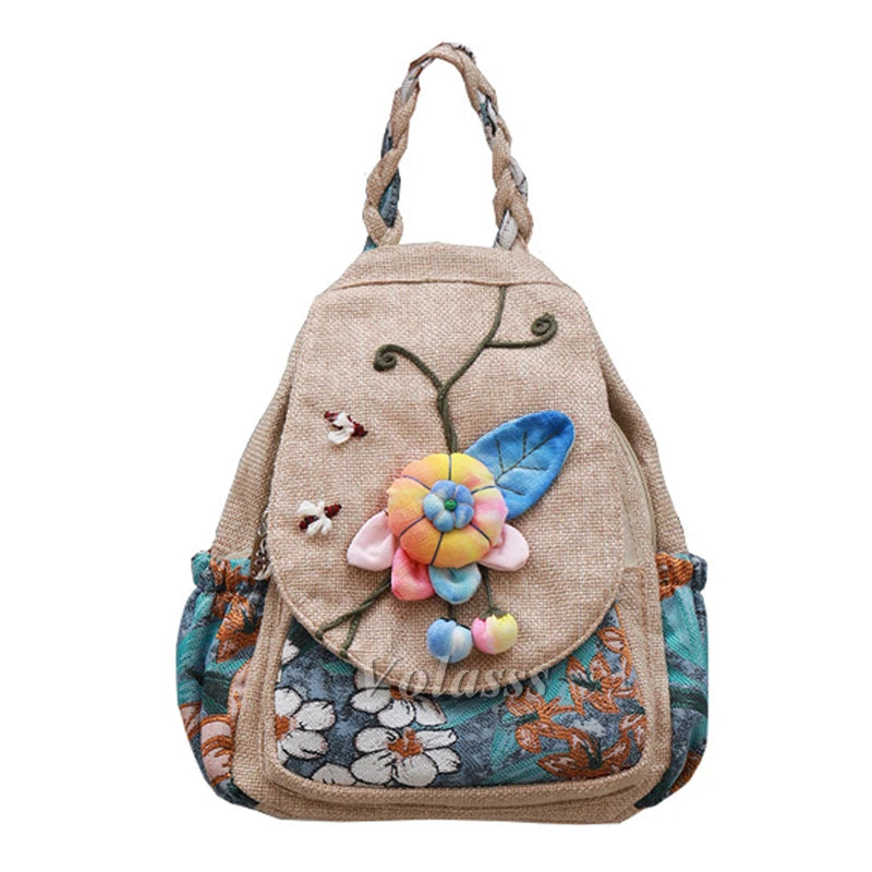 MOTAORA Women Large Handmade Waterproof Multicolor Canvas Fabric Floral Bohemian Design Anti-Theft Two Shoulder Straps-Handle Built-In Single Compartment External Pockets Travel Backpacks/Colors-Beige/Multicolor
