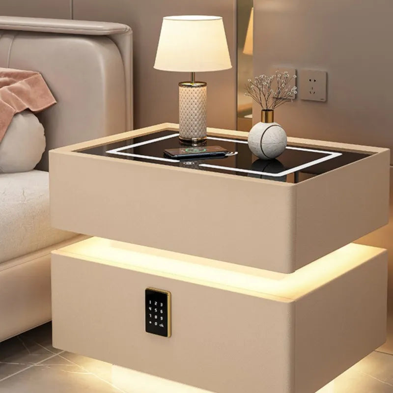 OMGD Modern Dark Gray Square Shaped Scratch-Resistant Black Glass Top Smart Touch Sensing-Password Lock Design Quick Wireless Charging-Listening Bottom Hidden Bluetooth Audio Speaker Lighted Solid Wood Nightstands/ Colors-Dark Gray/Light Gray/Khaki/White