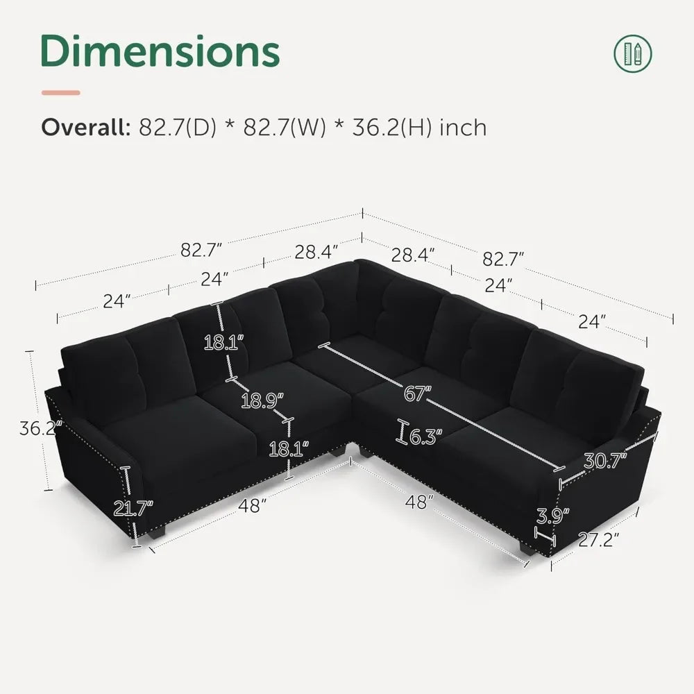 No-EN-Name-Null Modern Medium Firmness L-Shaped Wood Framed Sectional Soft Plush Velvet Fabric Cushions Sofas/Colors-Black/Dark Blue/Dark Gray/Size: (D x W x H): 82.7 x 82.7x 36.2 inches/Weight Capacity: 1,488 lbs