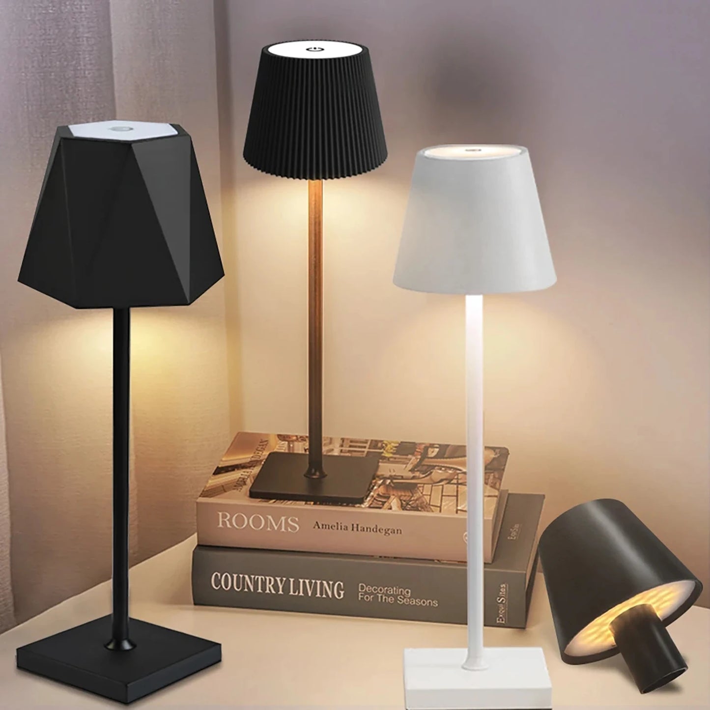 No-EN-Name-Null Modern Black-White Removable Plastic Striped Shade-Round Tubular Cylindrical Metal Square Shaped Bottom Dimmable Warm-Cool White LED 3-Level Brightness USB Rechargeable Adjustable Hose-Clip Table Desk Lamps/Colors-Black/White