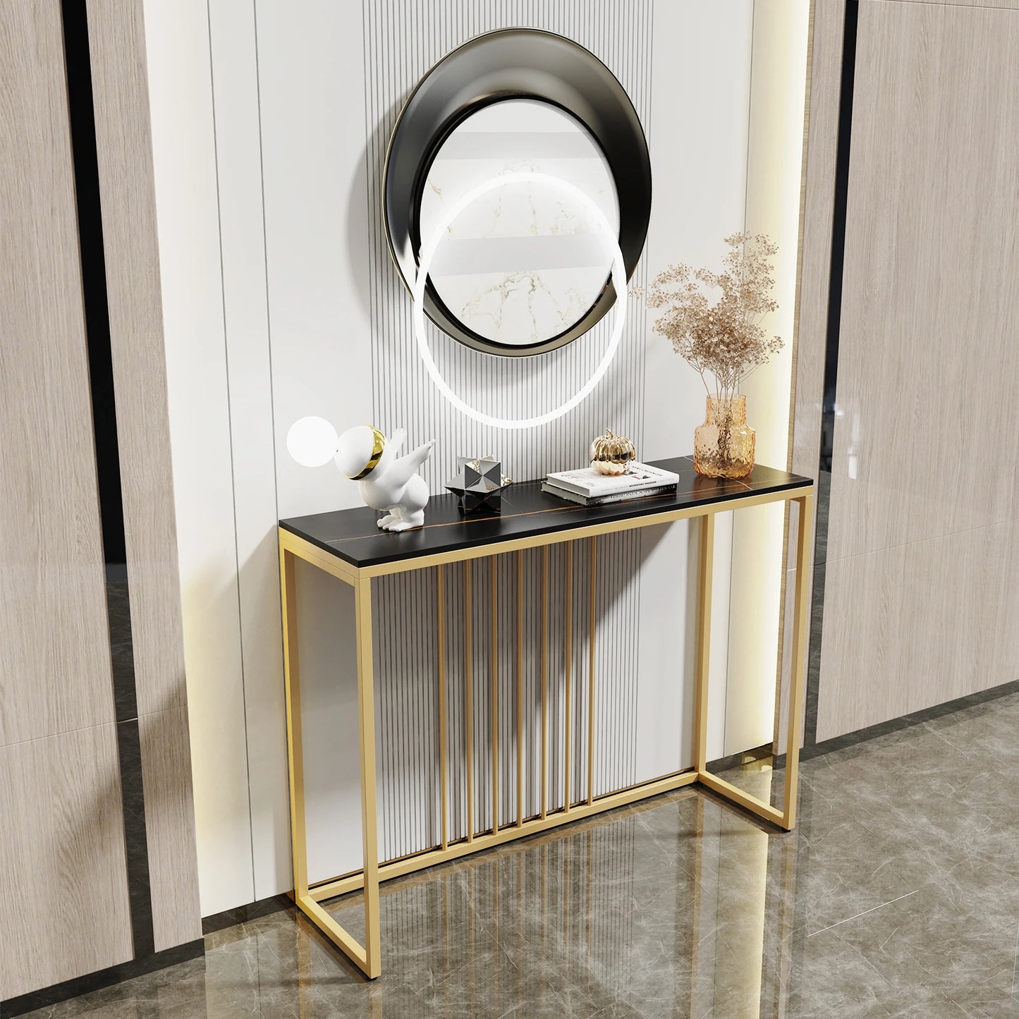 BINGOPAW Modern Nordic Rectangle Shaped Narrow Sintered White Marble Top-Gold Metal Frame Entryway Console Tables/Colors-White Tops/Gold-Black Metal Frame/Size: 39.4 x11.8 x30.9 Inch