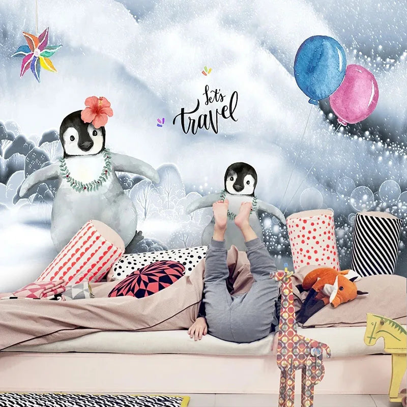 JIADOU Waterproof Canvas Printed 3D Cute Cartoon Blue-Pink Balloons-Two Black-White Penguins-Playing In The Snow-Let`s Travel Self-Adhesive Plastic Decorative Wallpaper/Colors-Blue/Multicolor/Animal/Requires Paste