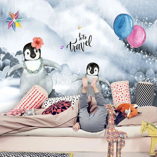 JIADOU Waterproof Canvas Printed 3D Cute Cartoon Blue-Pink Balloons-Two Black-White Penguins-Playing In The Snow-Let`s Travel Self-Adhesive Plastic Decorative Wallpaper/Colors-Blue/Multicolor/Animal/Requires Paste