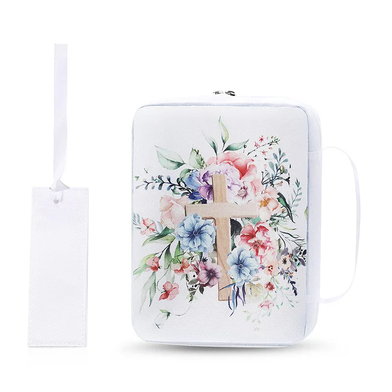 ALL GLORY Soft Handle Blue Floral Design Saying God Is Within Her She Will Not Fall Psalms 46: 5Metal Zippered Internal Pockets Nylon Fabric Polyester Lining Religious Items Bible Cover Cases/Colors-Various Floral Patterns