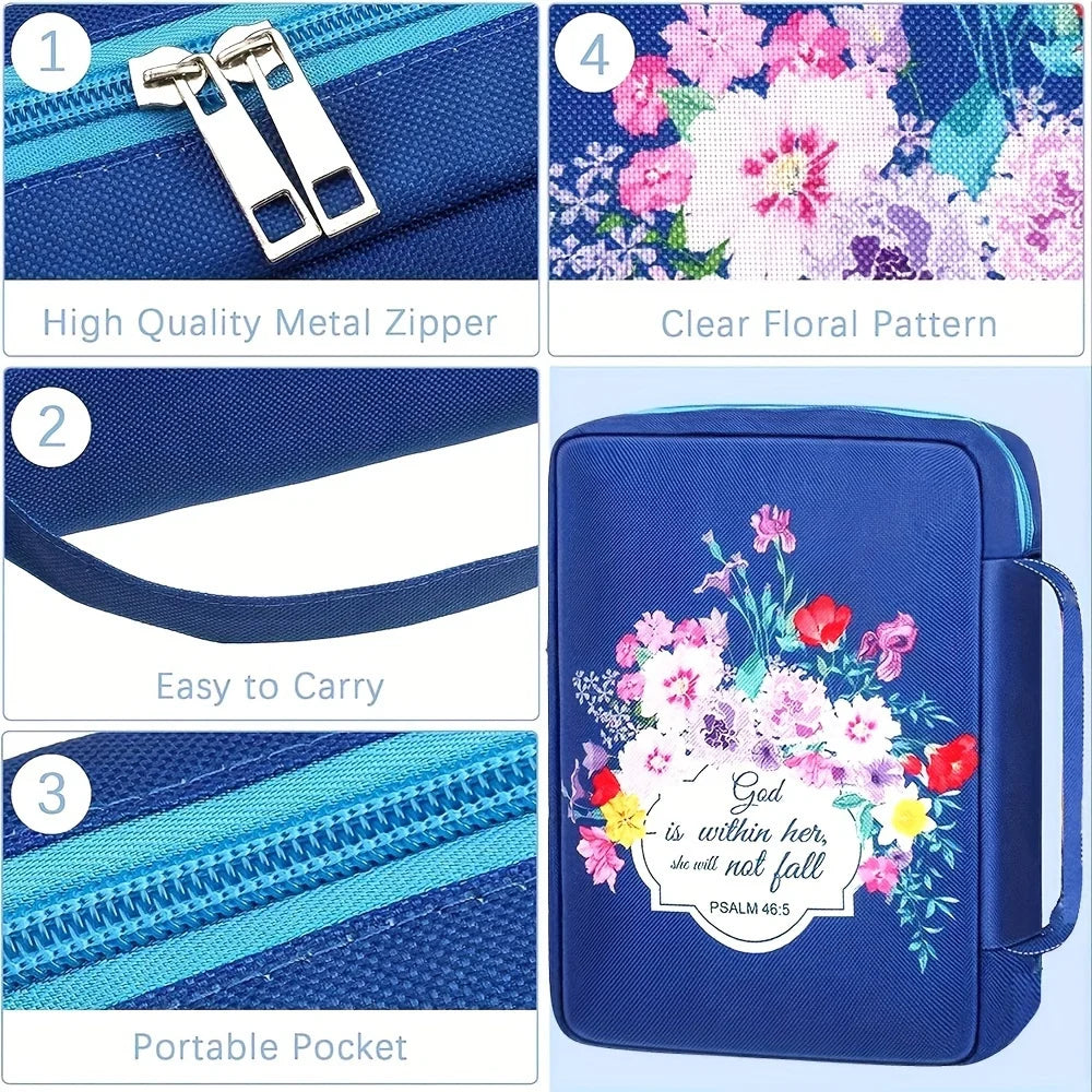 ALL GLORY Soft Handle Blue Floral Design Saying God Is Within Her She Will Not Fall Psalms 46: 5Metal Zippered Internal Pockets Nylon Fabric Polyester Lining Religious Items Bible Cover Cases/Colors-Various Floral Patterns