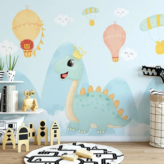 JIADOU Kids Modern Custom Waterproof Non-Toxic Non-Adhesive-Woven Printed 3D Fabric Mural Cute Cartoon Blue Dinosaur-Hot Air Balloon Textile Wallpapers/Requires Paste/Colors-Blue/Multicolor