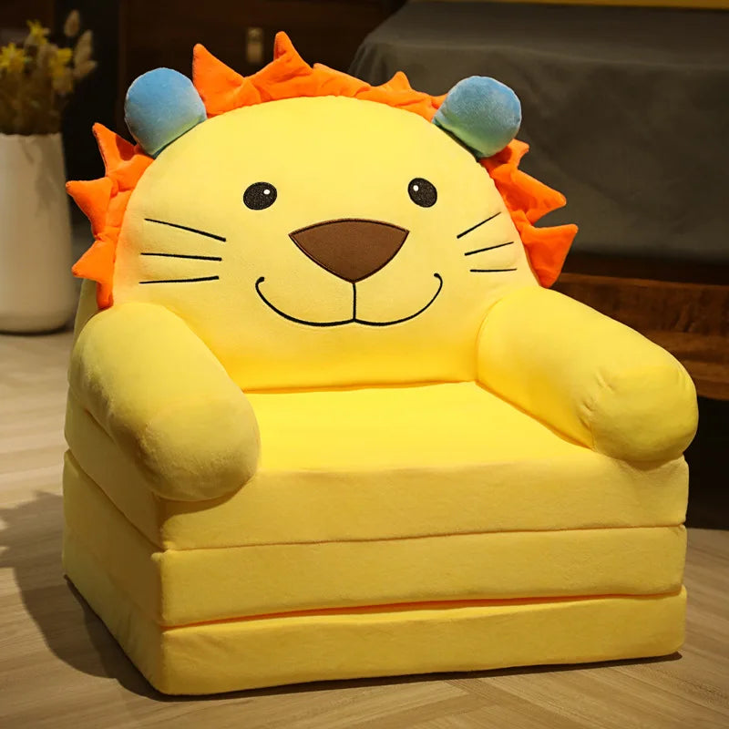 MDNG Modern Kids Customized Upholstered Padding Cute Soft Gray Velvet Fabric Cartoon Animal Faces Folding-Out Play Arm Chairs/Sponge Filling/Colors-Green/Pink/Yellow/Gray/Animals