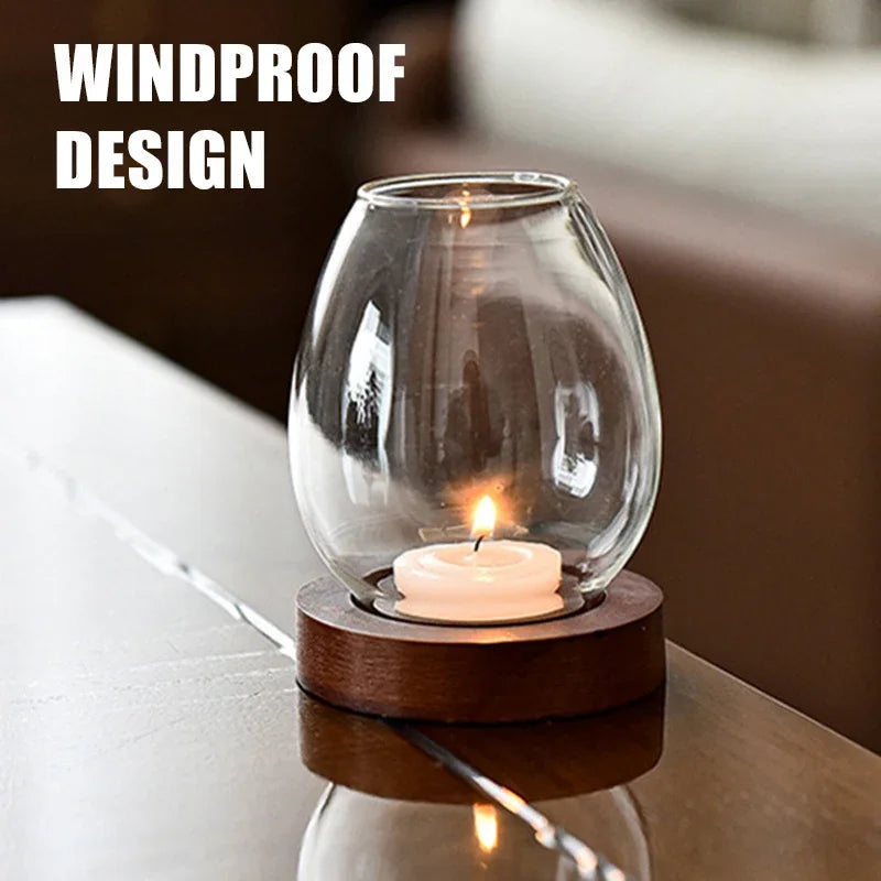 No-EN-Name-Null Modern Windproof Round Clear Transparent Glass Shades Round Brown-Black Wood Base Tealight Candle Holders