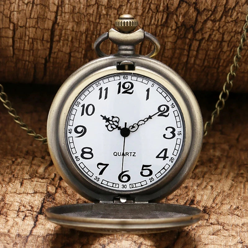 SOXY Adult Men Vintage Quartz Analog Display Glass Face Stainless Steel Metal Bronze Round Shaped Case White Face-Hollow-Out Roman Numeral On Front Design Arabic Numeral Inside Bronze Chain-Pocket Watches
