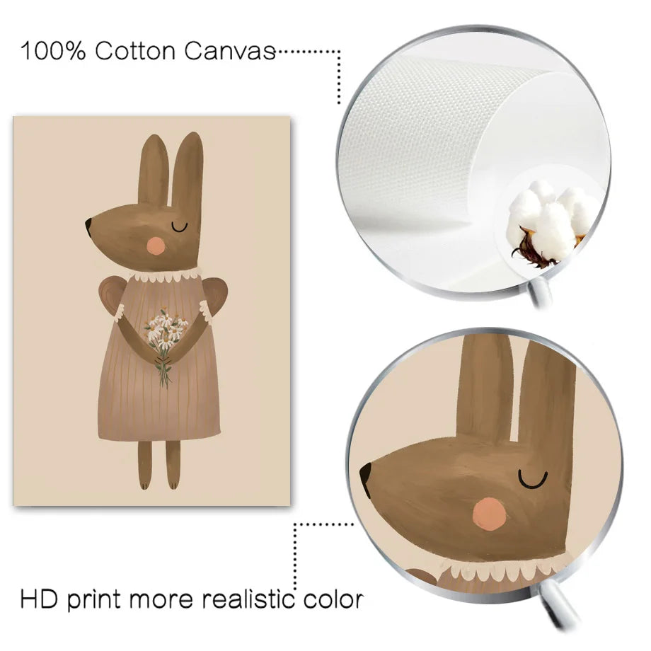 No-EN-Name-Null Retro Unframed Waterproof Ink Nature Cartoon Animals Canvas Rectangle Wall Art Prints /Color- Multicolor
