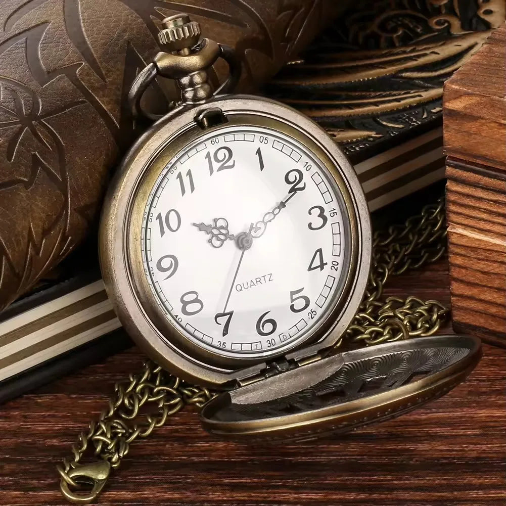 No-EN-Name-Null Adults Antique Brown Bronze Quartz Digital-Analog Display Round Metal Alloy Case Glass Face Hollow-Out Steampunk Gears Roman Numeral Front-Floral Back Design Old Style Pendant Chain-Pocket Watches