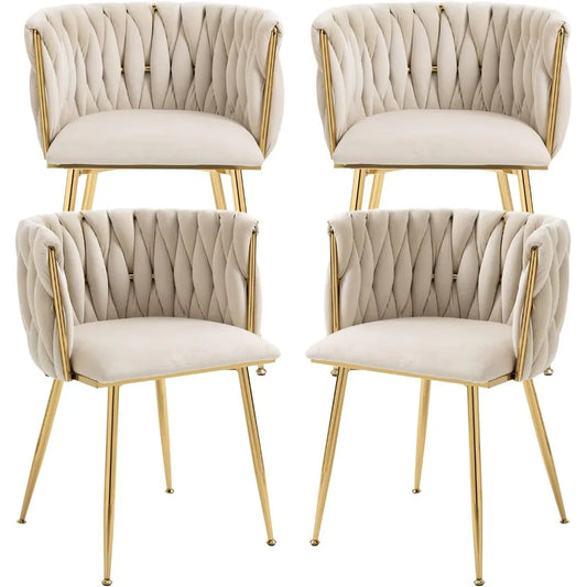 4 pcs Velvet Curved Backrest Woven Upholstered Padded Cushion Tufted Dining Chair Set w/ 4 Gold Metal Legs/Colors-Beige/Gold/Gray/Yellow/Black