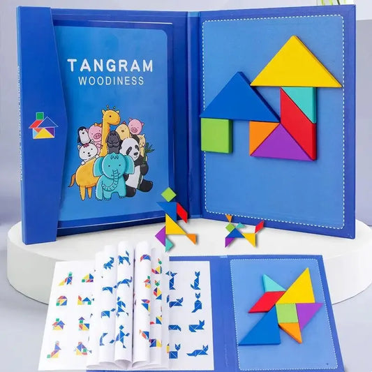 TLEWJ Parent-Child Geometric Multicolor Wood Magnetic 3D Jigsaw Tangram Puzzle Shapes-Animals Theme Books Wood-Pegged Puzzles/Ages: 3-12 Years Old/Levels-Easy-Medium-Hard